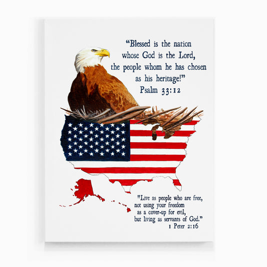 Eagle Painting USA Flag and Map Bible Verses Art Print by Artist Dave White