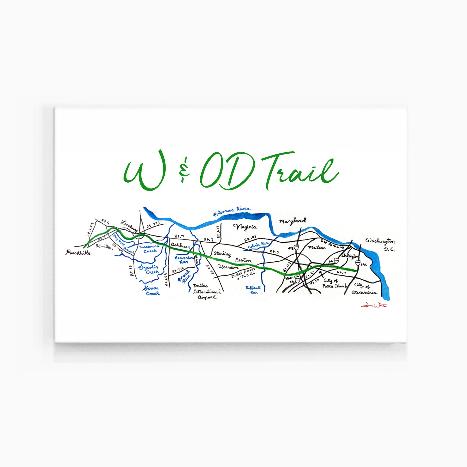 W&OD Trail Map Canvas Art Print by Artist Dave White