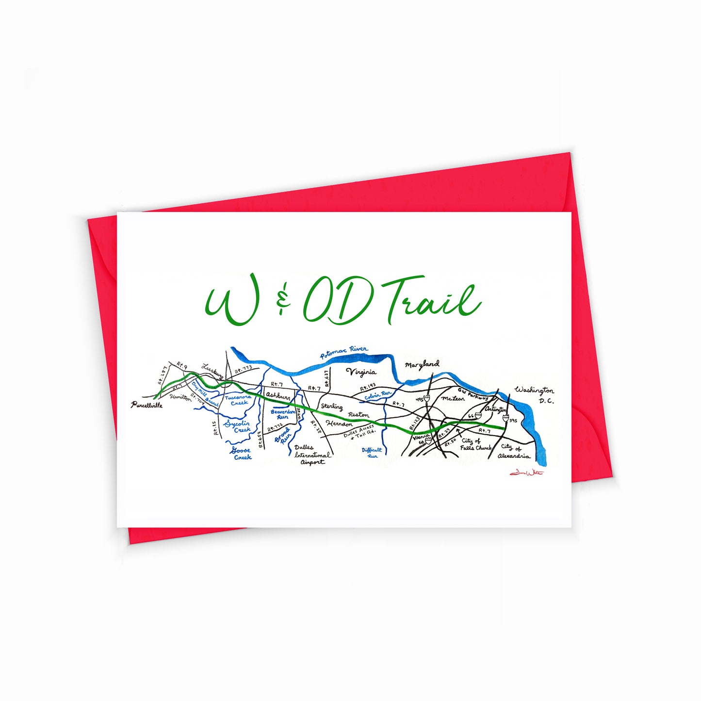 Greeting Card W&OD Trail Map by Artist Dave White