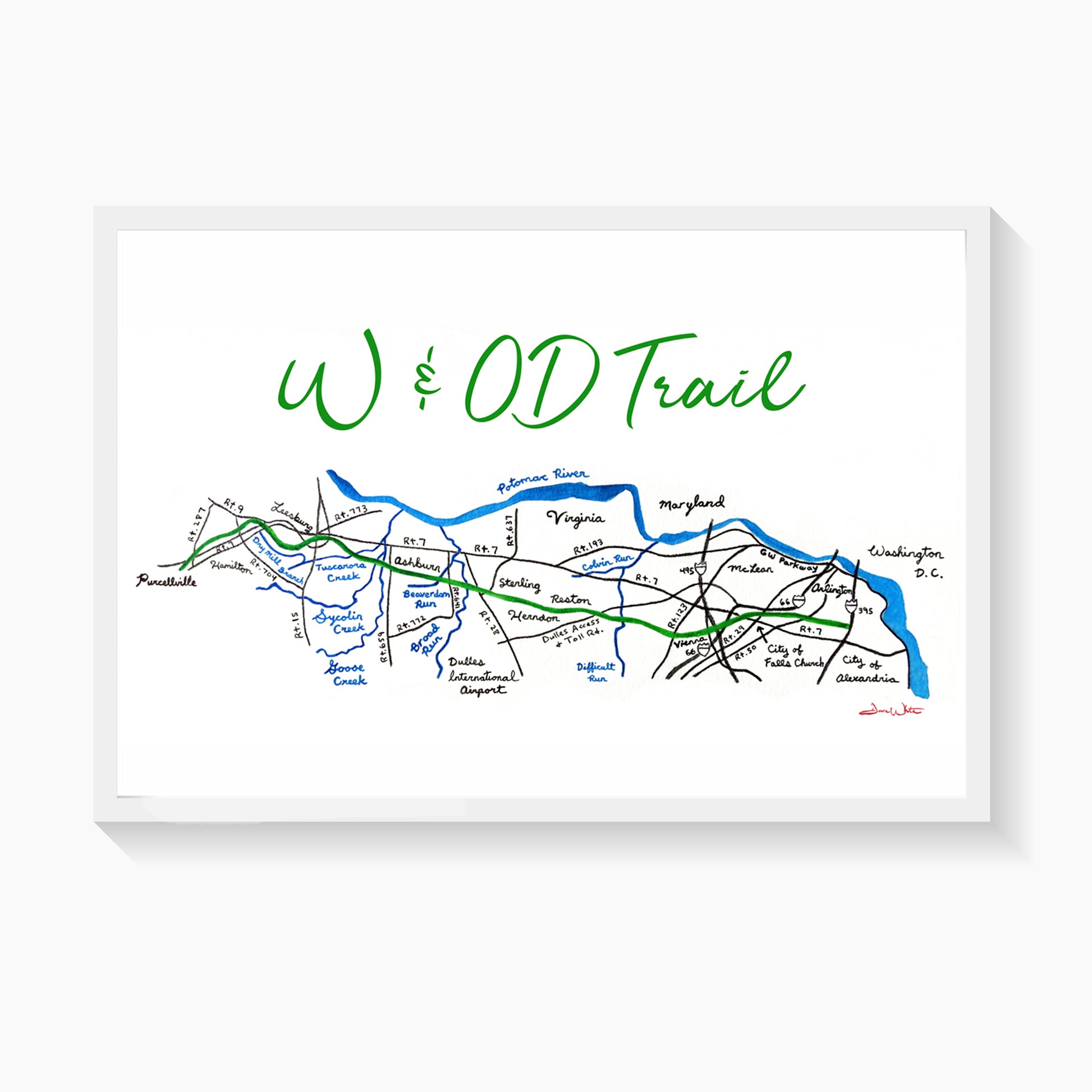W&OD Trail Map Art Print by Artist Dave White