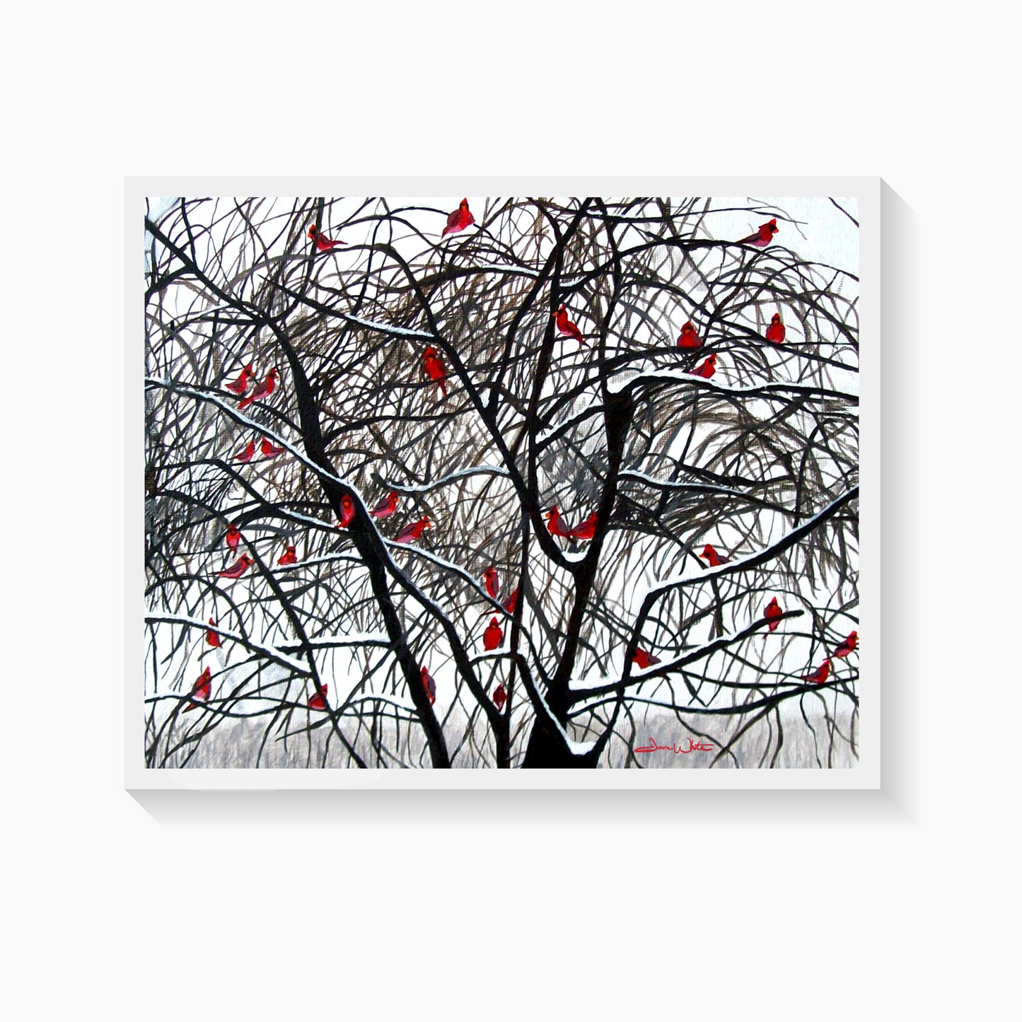 Cardinal Birds in Winter Painting Art Print by Artist Dave White