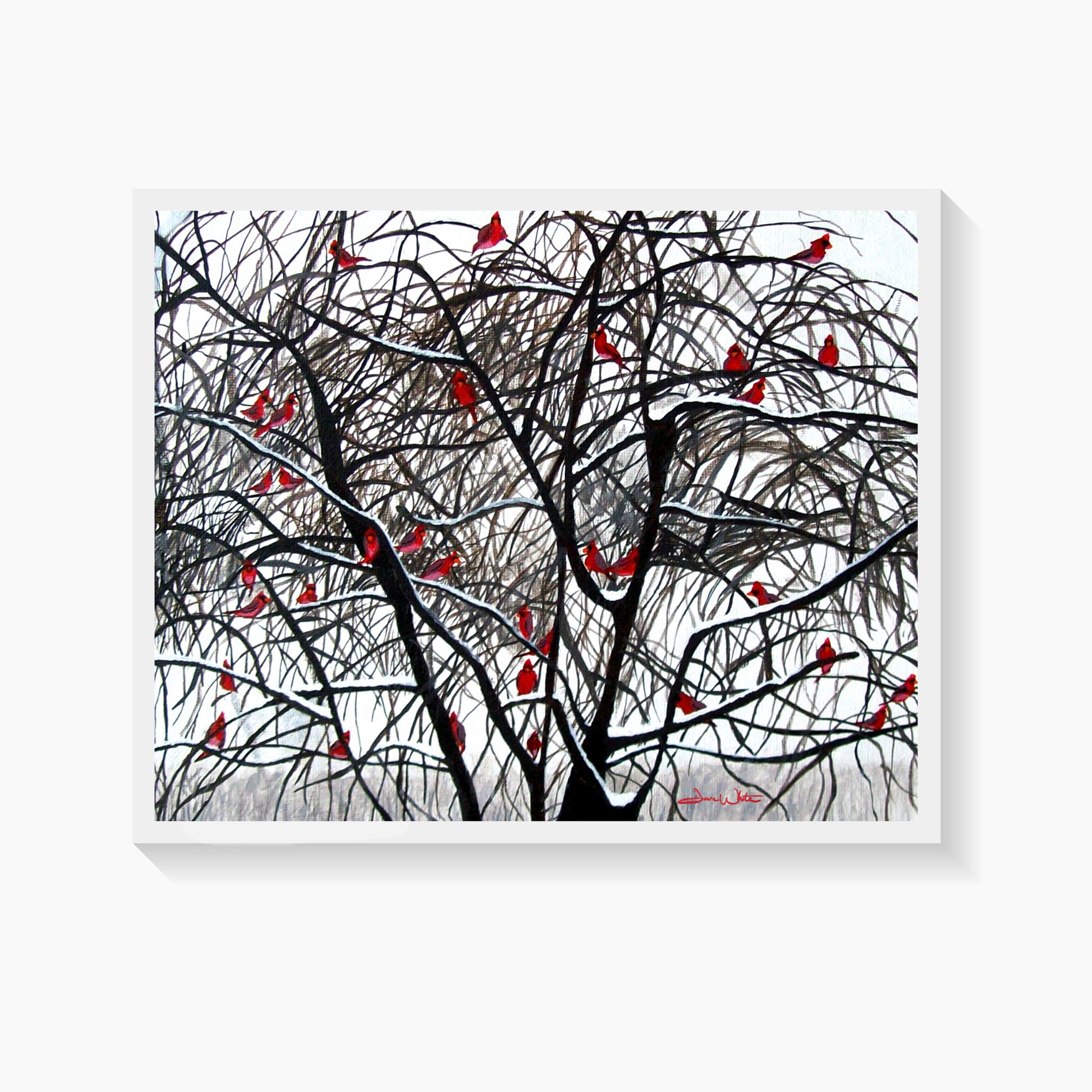 Cardinal Birds in Winter Painting Art Print by Artist Dave White
